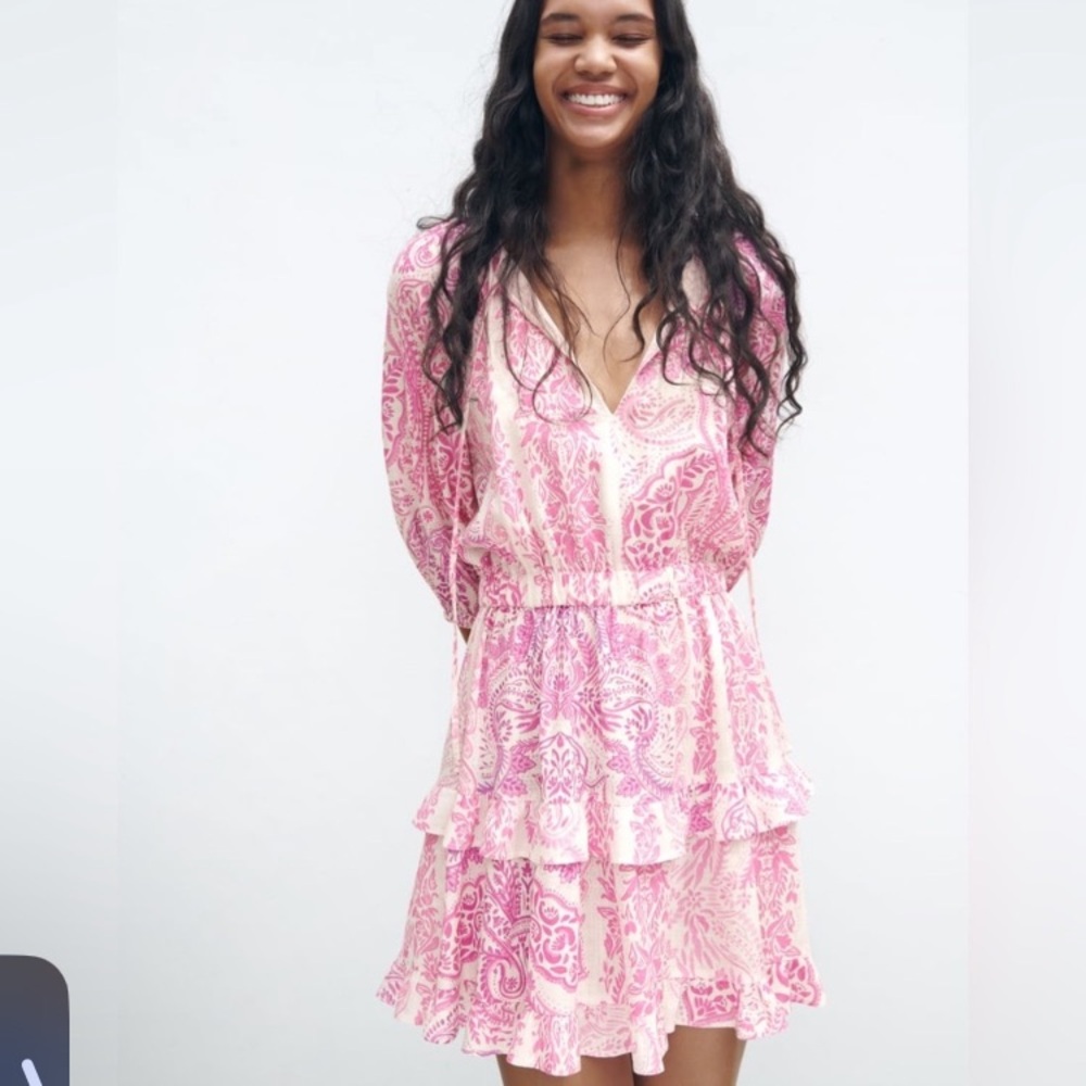 NWT Zara floral boho pink ruffle v-neck blouson sleeve linen blend mini dress